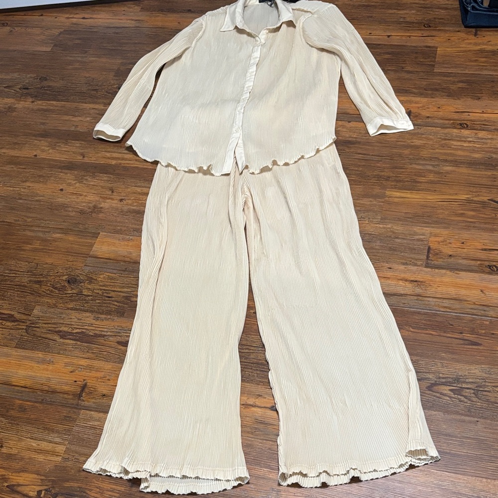PrettyLittleThing Cream Wide Leg Pants & Top Set
